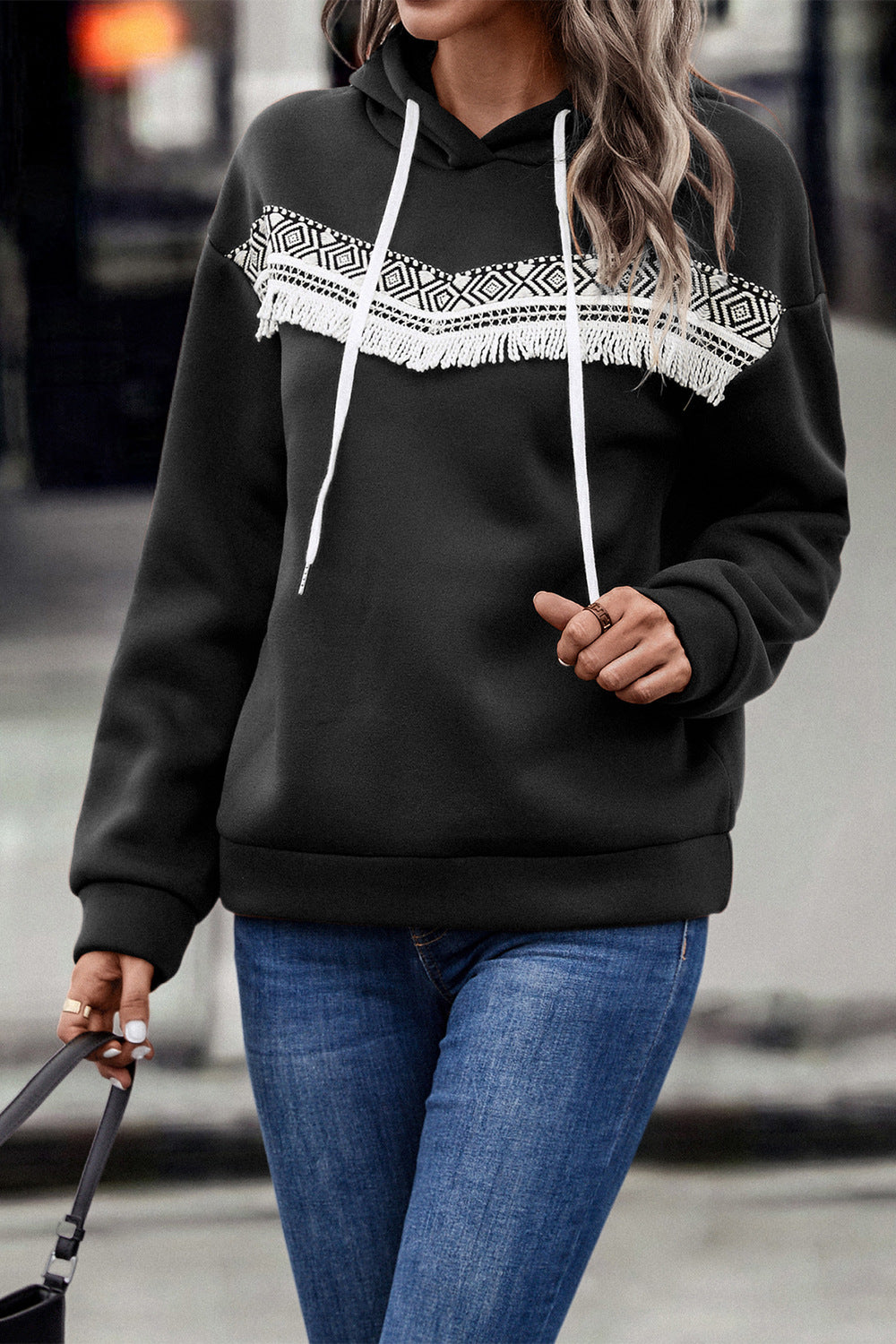 Damen Kapuzenpullover mit eleganter Fransenverzierung WW
