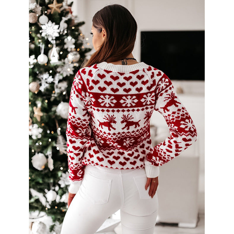 Damen Strickpullover mit weihnachtlichem Muster und Rundhalsausschnitt WW