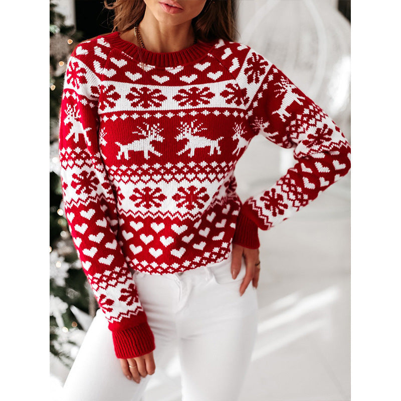 Damen Strickpullover mit weihnachtlichem Muster und Rundhalsausschnitt WW