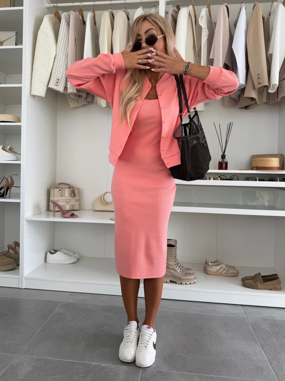 Damen elegantes Set aus figurbetontem Kleid und lässiger Jacke mit Druckknopf WW