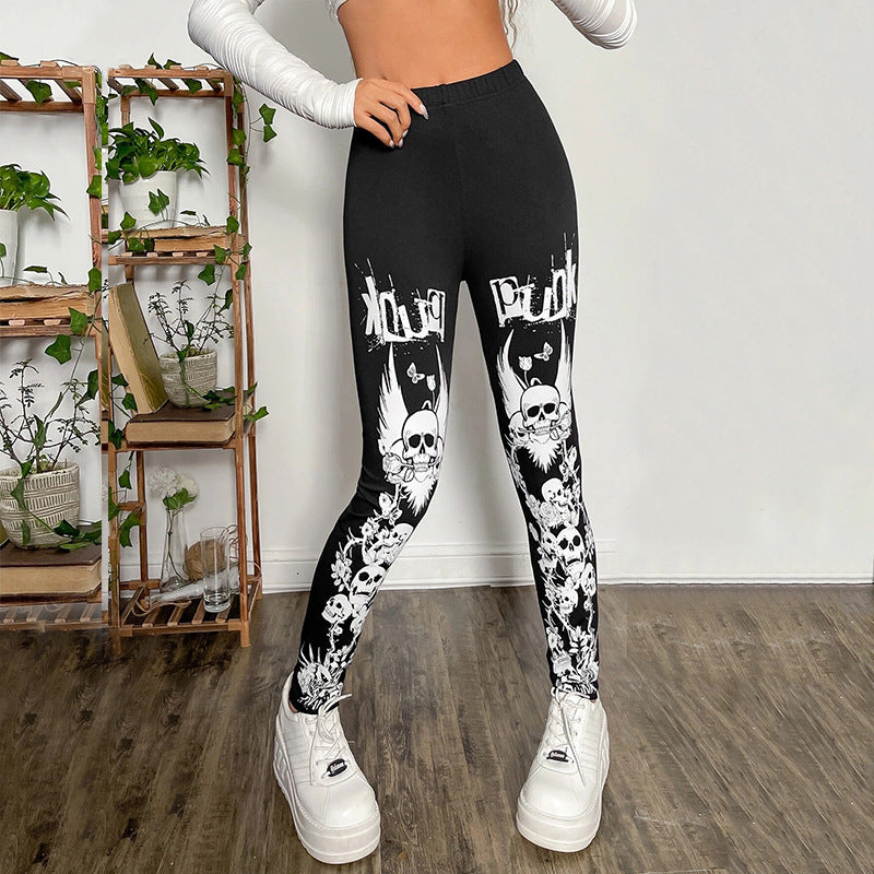 Damen Leggings mit auffälligem Totenkopf- und floralem Design WW