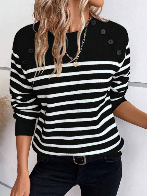 Damen gestreifter Pullover mit dekorativen Knopfdetails und Rundhalsausschnitt WW