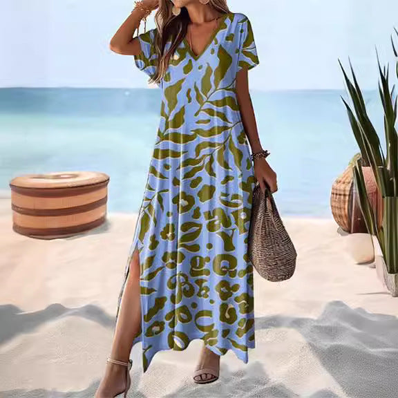 Damen Maxikleid mit modischem Tiermuster und seitlichen Schlitzen WW