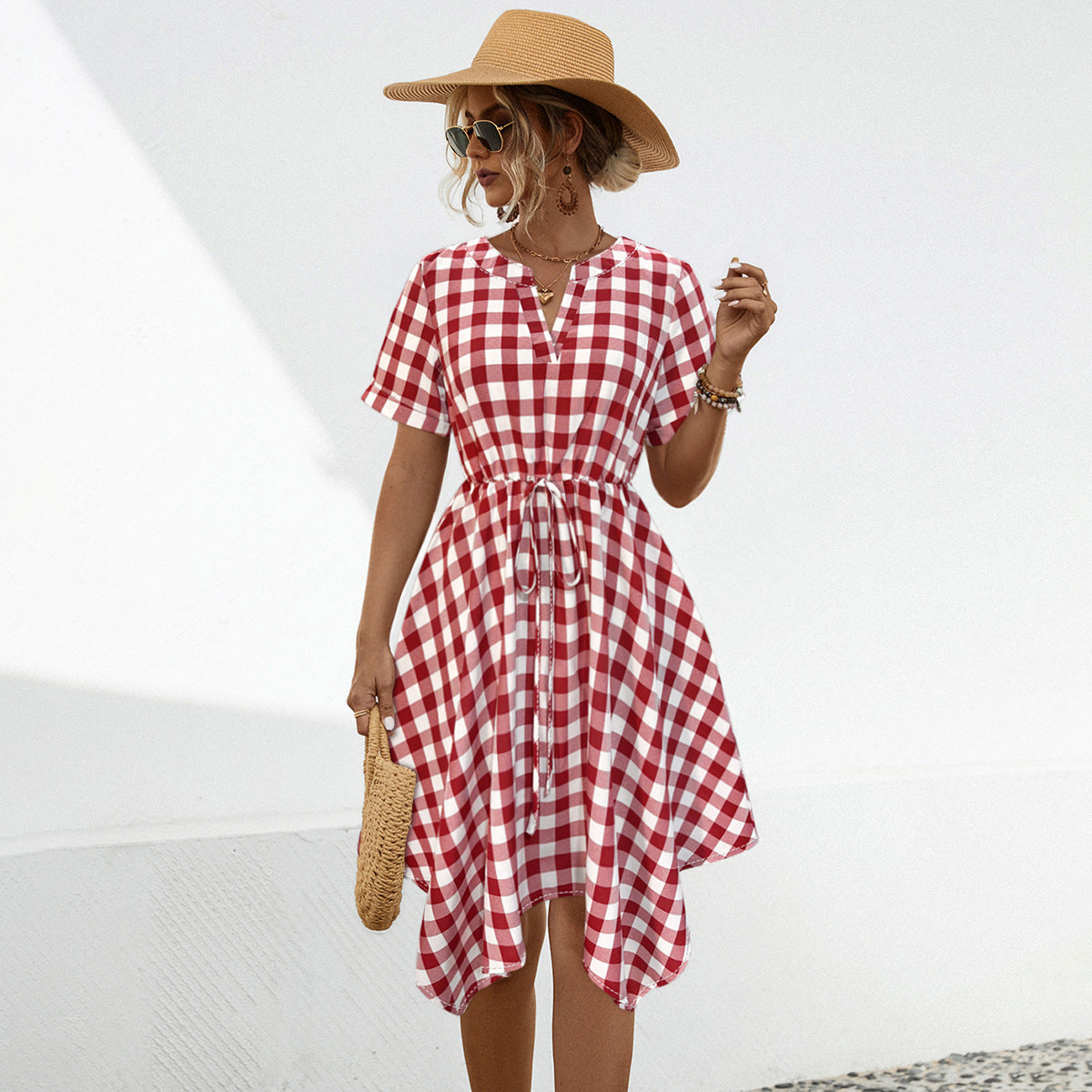 Damen V-Ausschnitt Gingham Kleid mit verspieltem Kordelzug und asymmetrischem Saum WW
