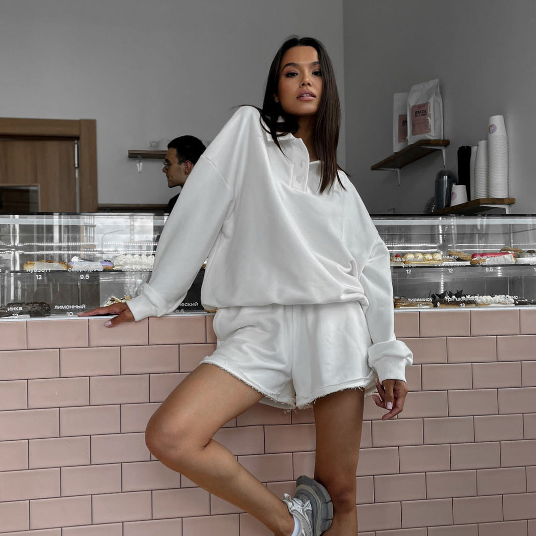 Damen lässiges Freizeit-Set mit Überschnittenen Ärmeln und weichen Shorts WW