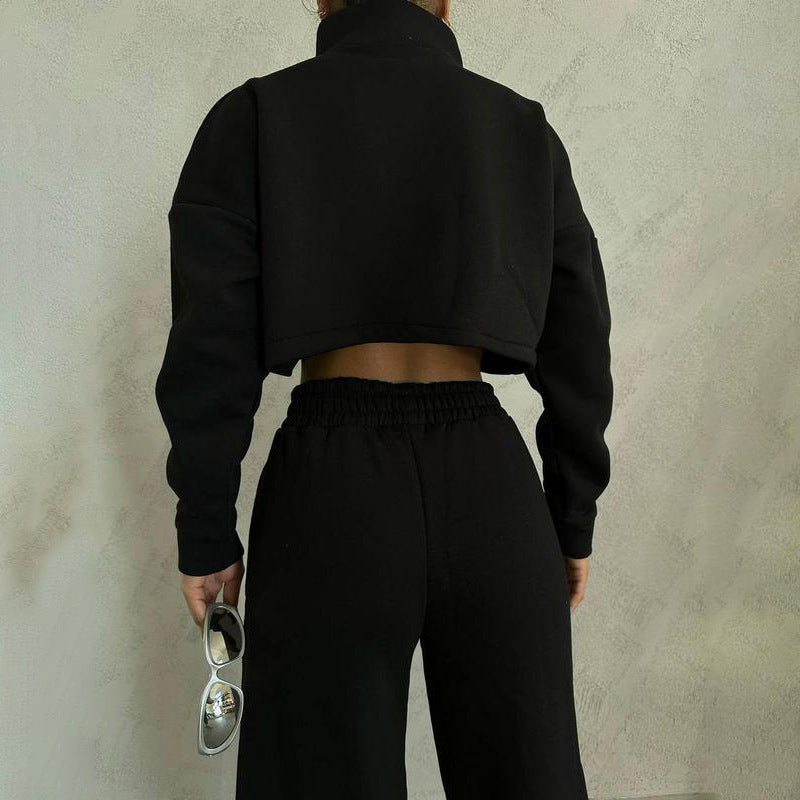 Damen sportliches Cropped-Fleece-Set mit hohem Kragen und modernem Reißverschluss WW