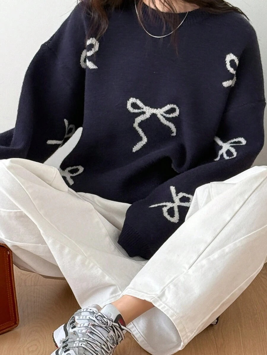 Damen Oversized Pullover mit dekorativem Schleifenmotiv WW