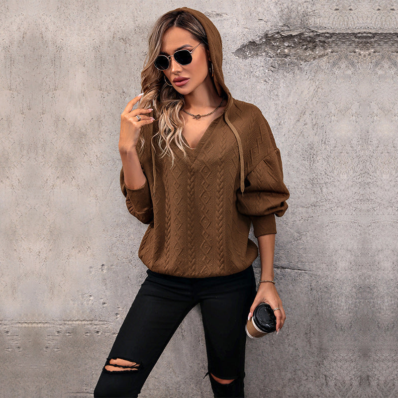 Damen Strickpullover mit tiefem V-Ausschnitt und Kapuze WW