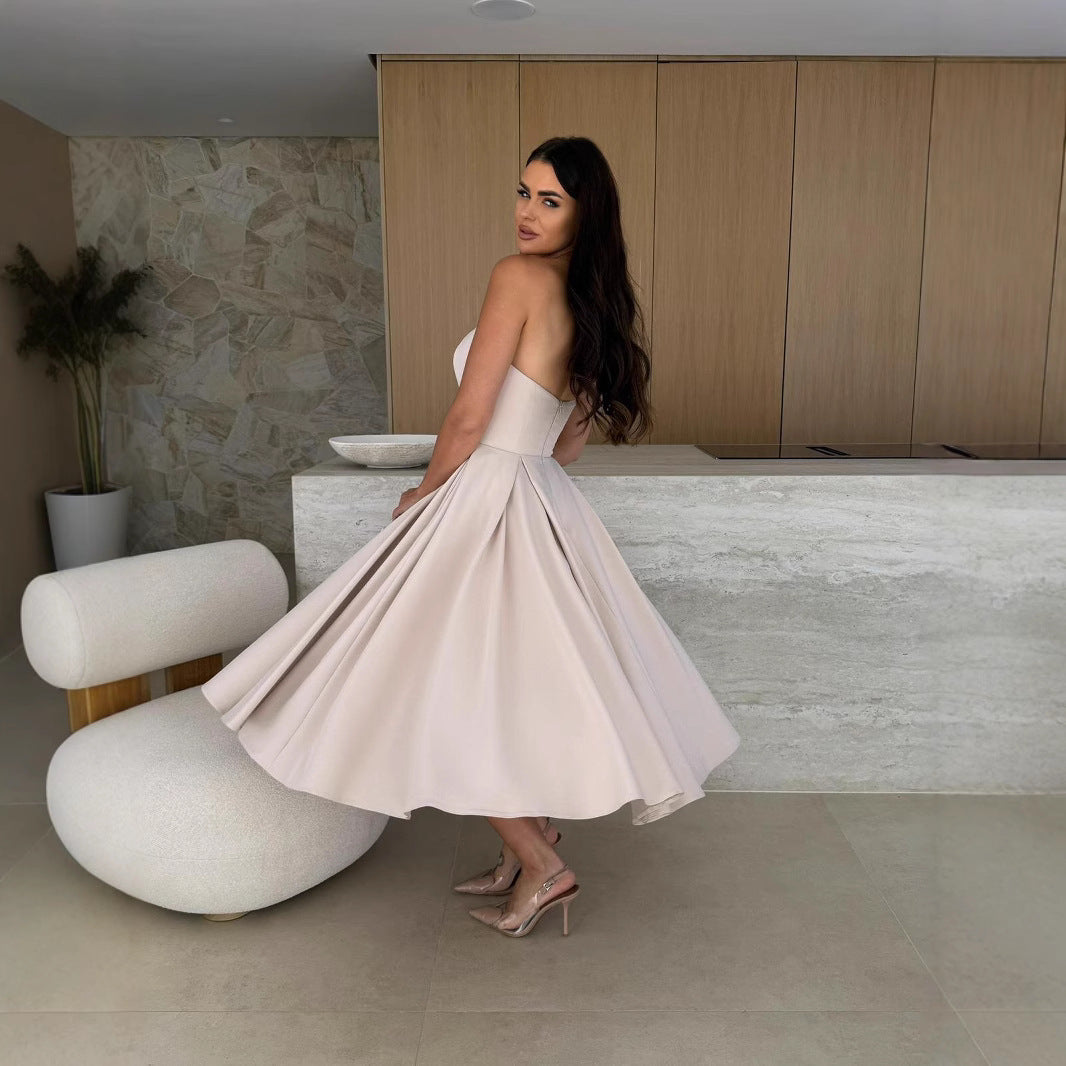 Damen A-linien Cocktailkleid mit trägerlosem Schnitt und schwingendem Rock WW