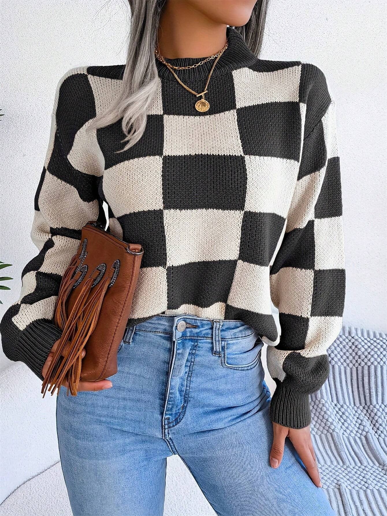 Damen modischer Pullover mit Karomuster und weitem Schnitt WW