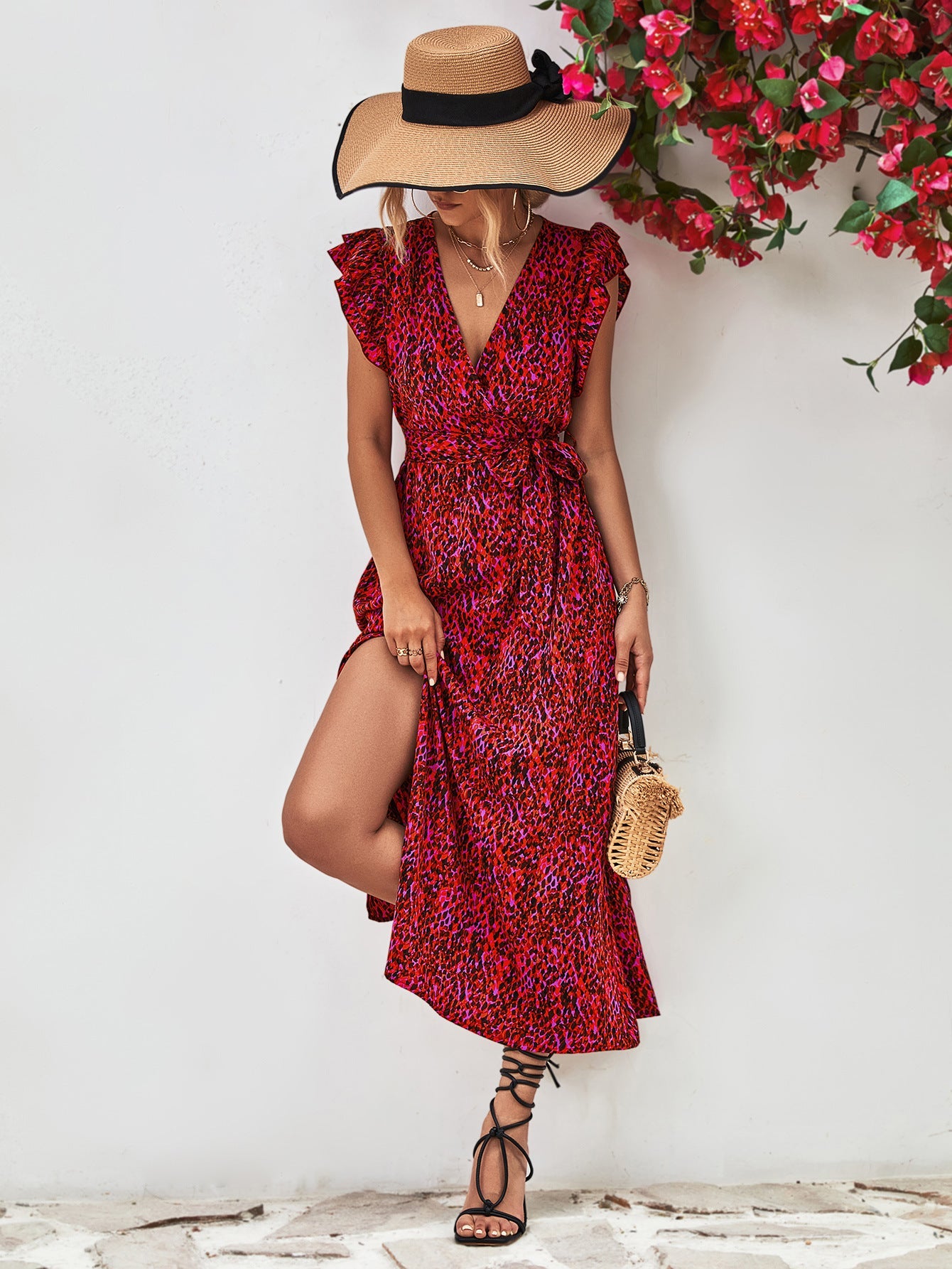 Damen Maxikleid mit eleganten Rüschendetails und hohem Schlitz WW