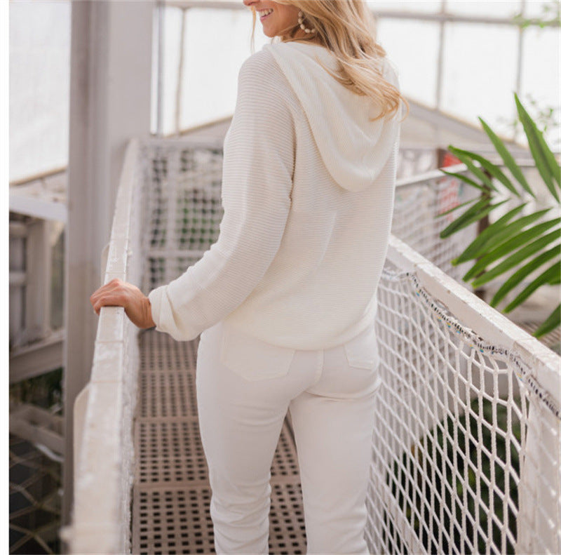 Damen lässiger Kapuzenpullover mit Knopfleiste und hohem Kragen WW