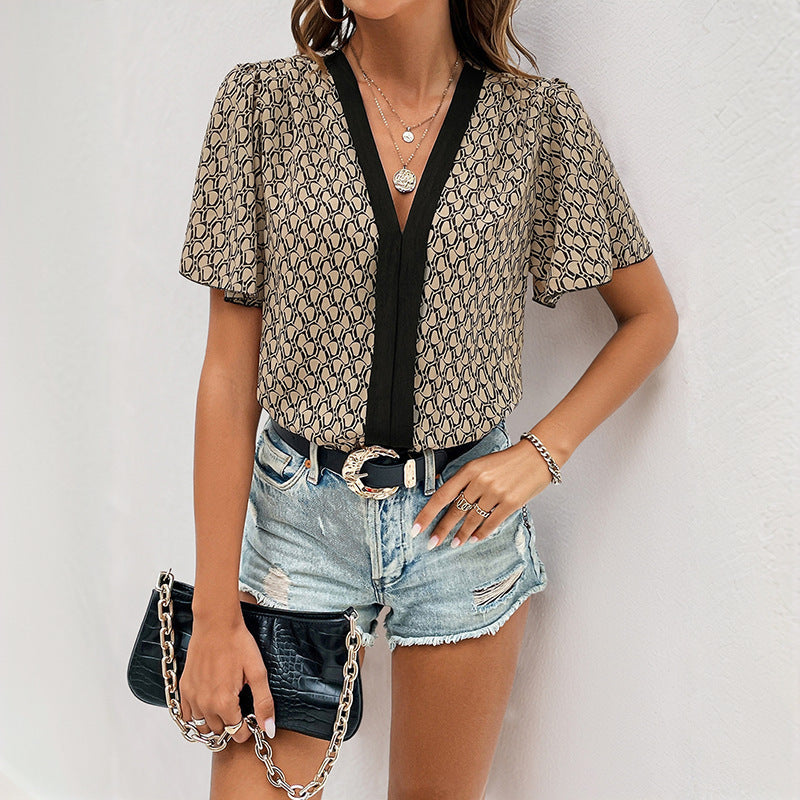 Damen modische Bluse mit V-Ausschnitt und feinem Muster WW