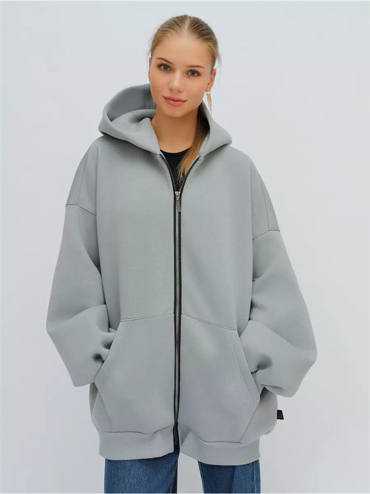 Damen lässiger Oversized Zip-Hoodie mit tiefen Taschen WW