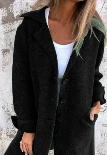 Damen Eleganter Oversize-Wollmantel mit Durchgehender Knopfleiste und Praktischen Taschen WW