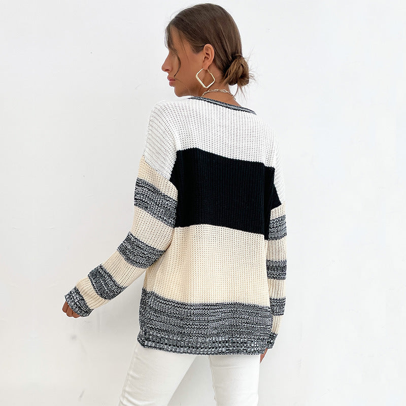 Damen lockerer Strickpullover mit trendigen Blockstreifen und V-Ausschnitt WW