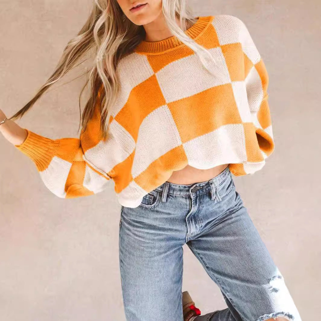 Damen modischer Pullover mit Karomuster und weitem Schnitt WW