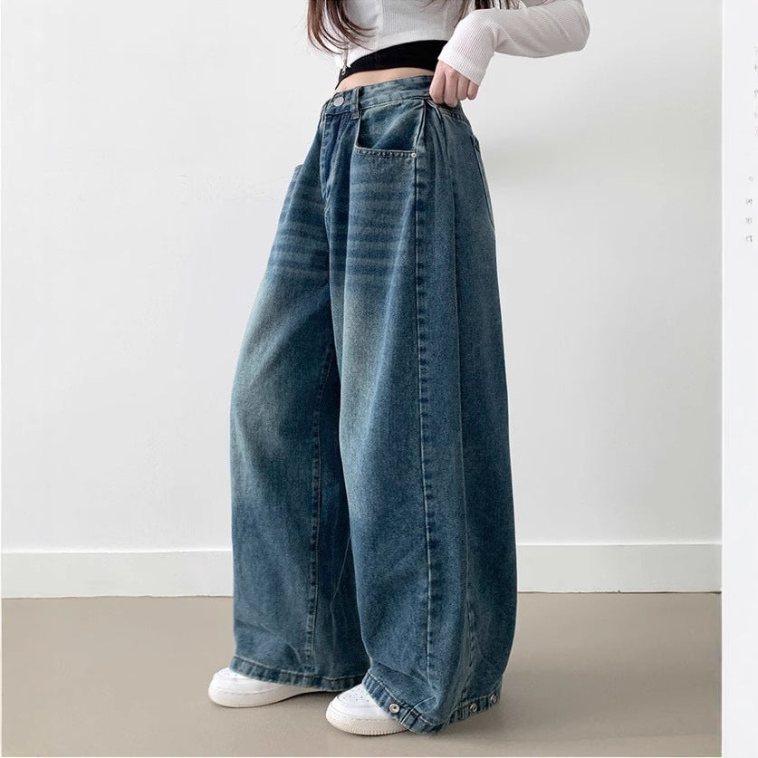 Damen Weite High-Waist Denim-Hose mit Faltenwurf WW