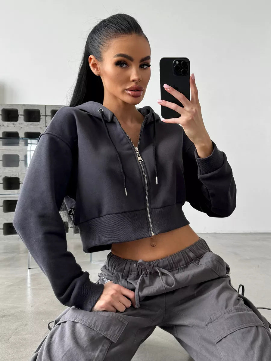 Damen lässiger Kurzarm Zip-Hoodie WW