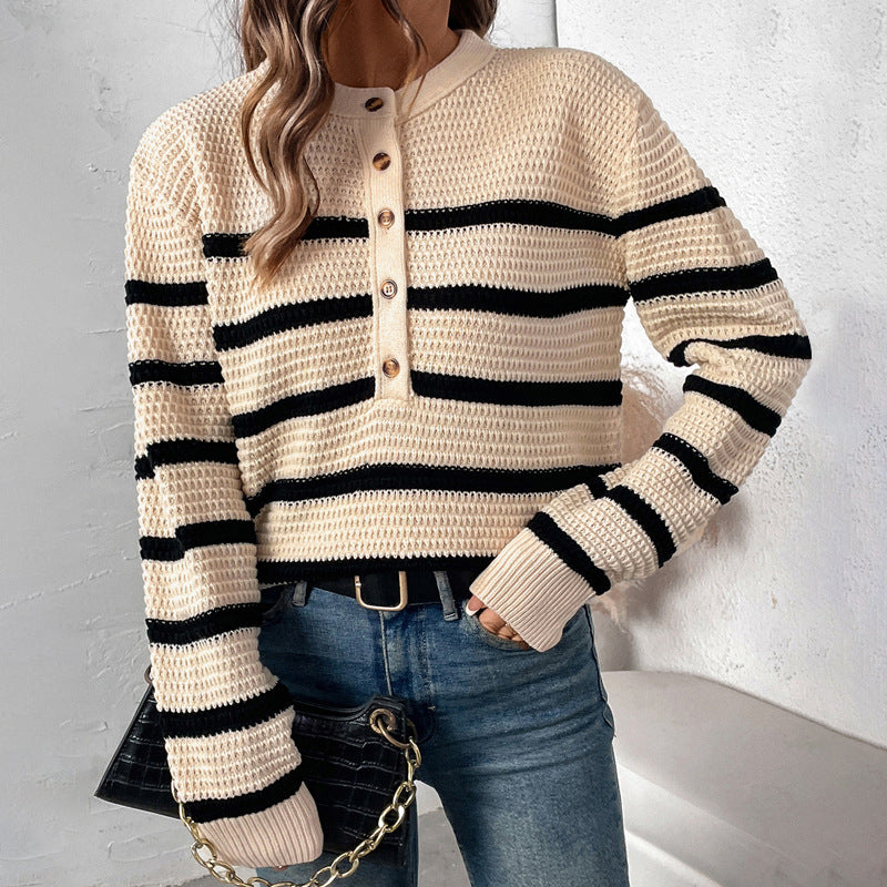 Damen gestreifter Strickpullover mit Knopfleiste und lässigem Schnitt WW