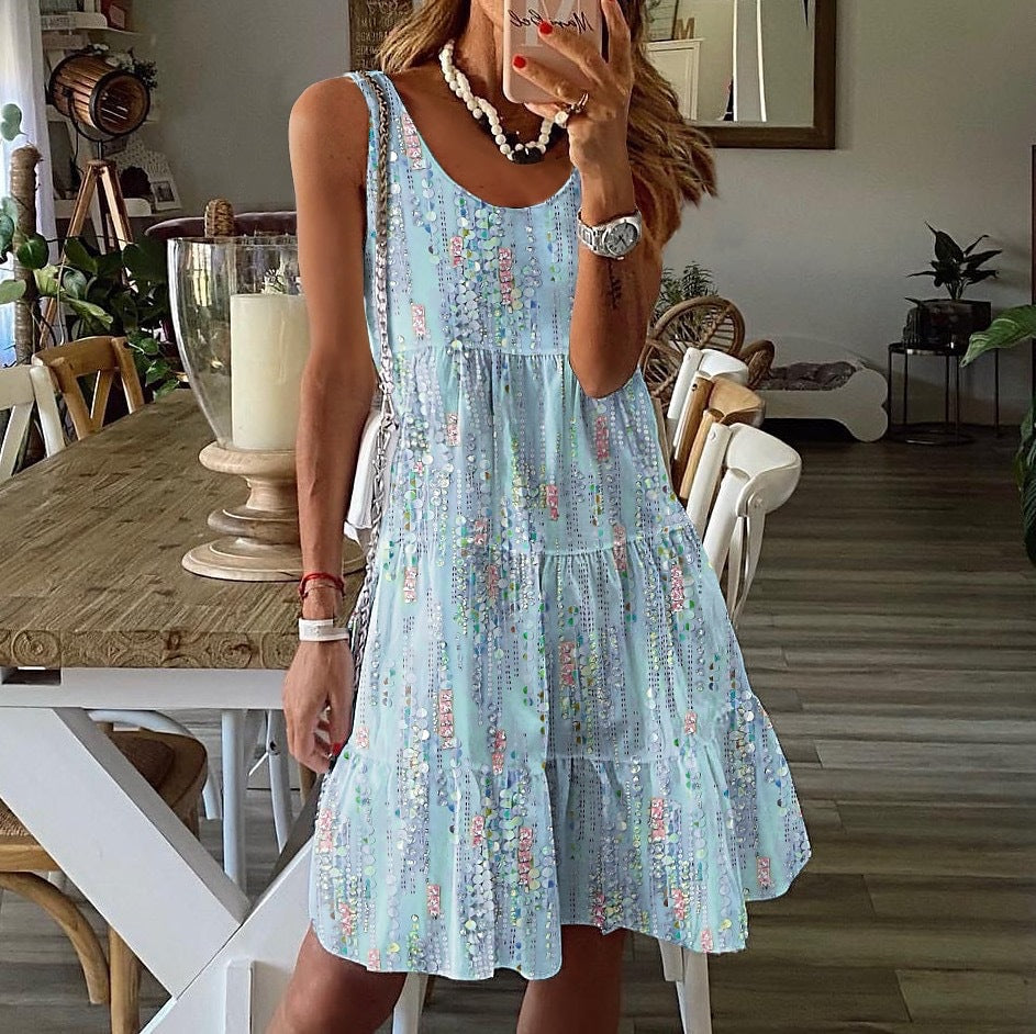 Damen lässiges Sommerkleid mit verspieltem Rüschensaum und elegantem Rundhalsausschnitt WW