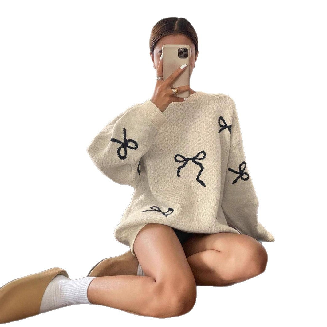 Damen Oversized Pullover mit dekorativem Schleifenmotiv WW