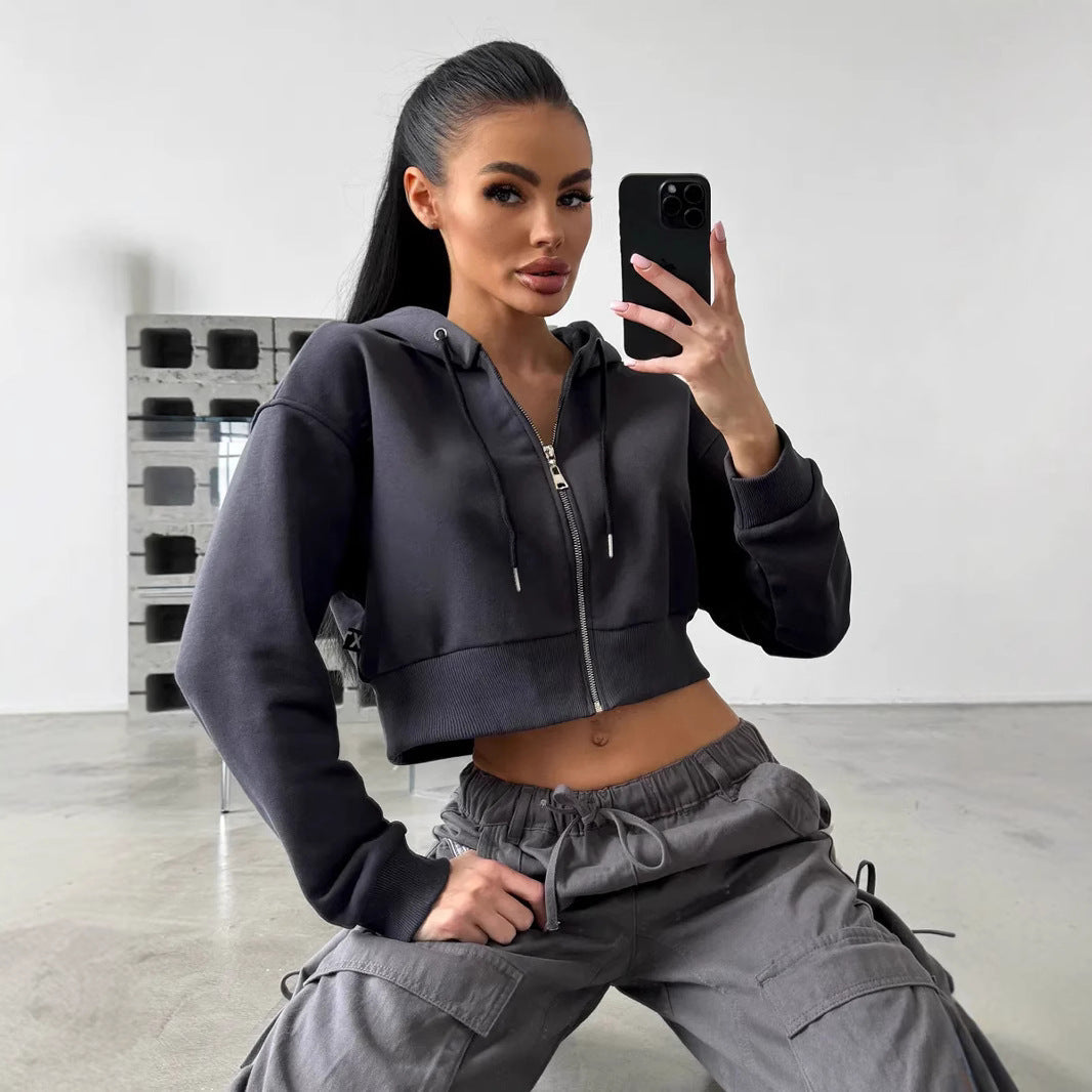 Damen lässiger Kurzarm Zip-Hoodie WW