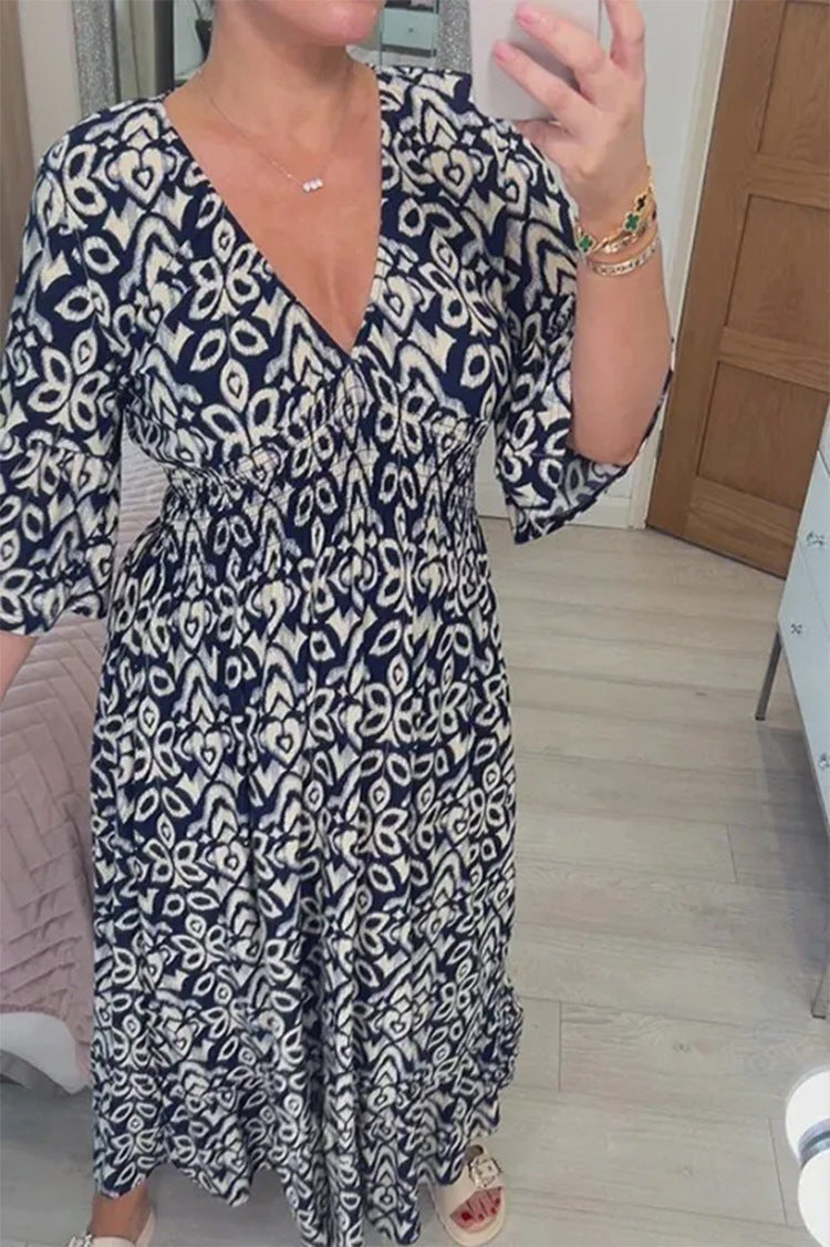Damen Maxi-Kleid mit elegantem V-Ausschnitt und schwingendem Rock WW