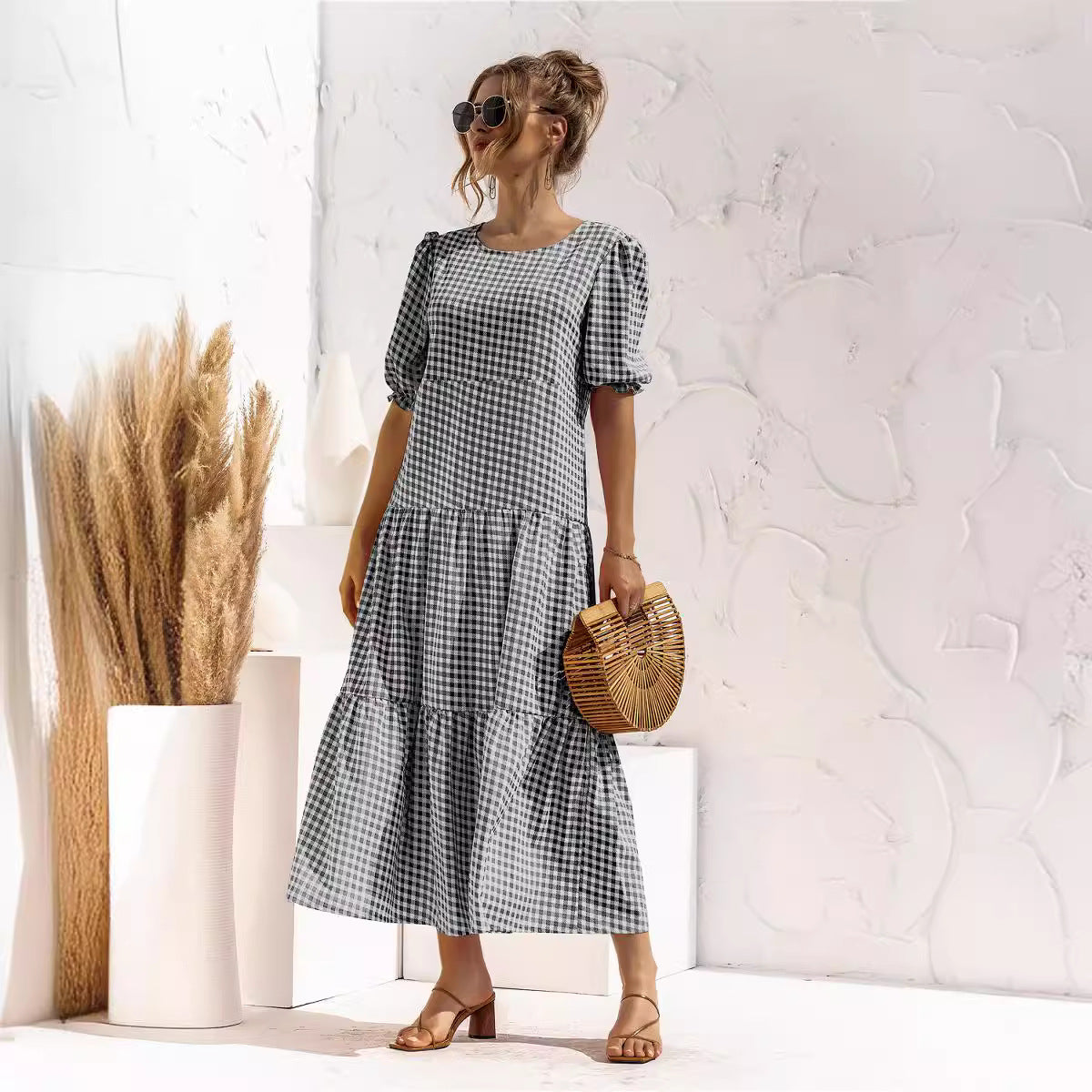 Damen Maxikleid mit Karomuster und voluminösen Puffärmeln WW