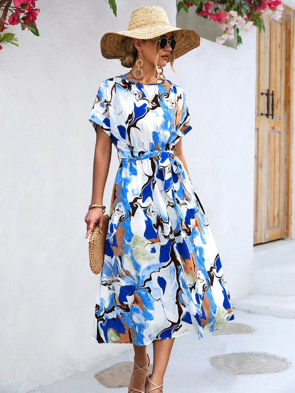 Damen Midi-Kleid mit modernem grafischem Muster und bequemem Taillengürtel WW