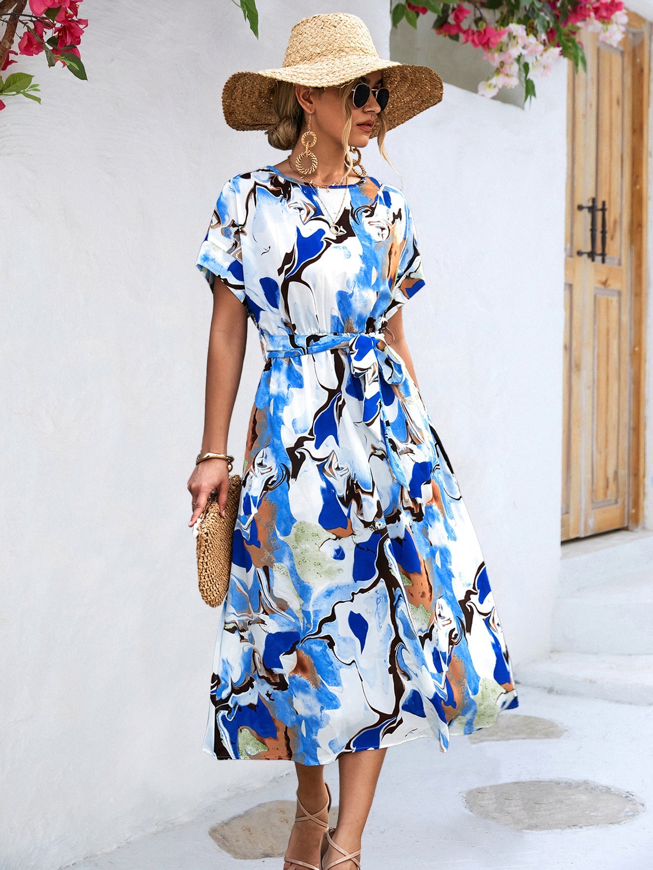 Damen Midi-Kleid mit modernem grafischem Muster und bequemem Taillengürtel WW