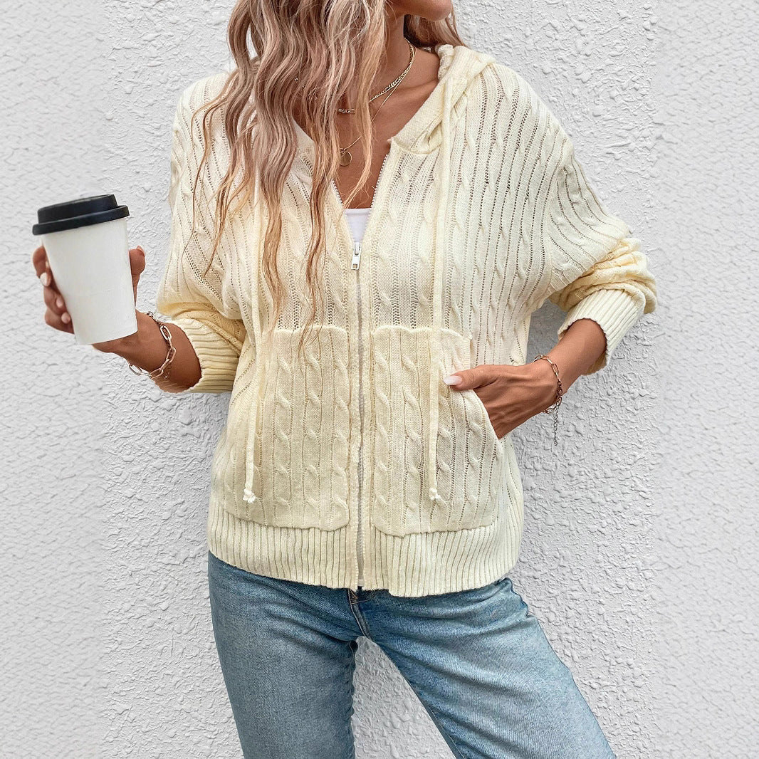 Damen gestreifte Strickjacke mit Reißverschluss und Kapuze WW