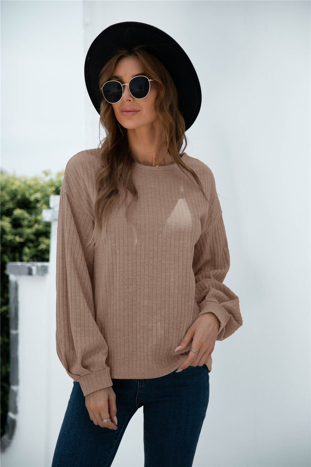Damen lässiger Pullover mit Rippstruktur und Ballonärmeln WW