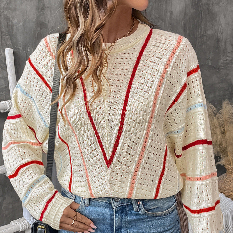 Damen lässiger Strickpullover mit modischem Lochmuster und gestreiftem Design WW