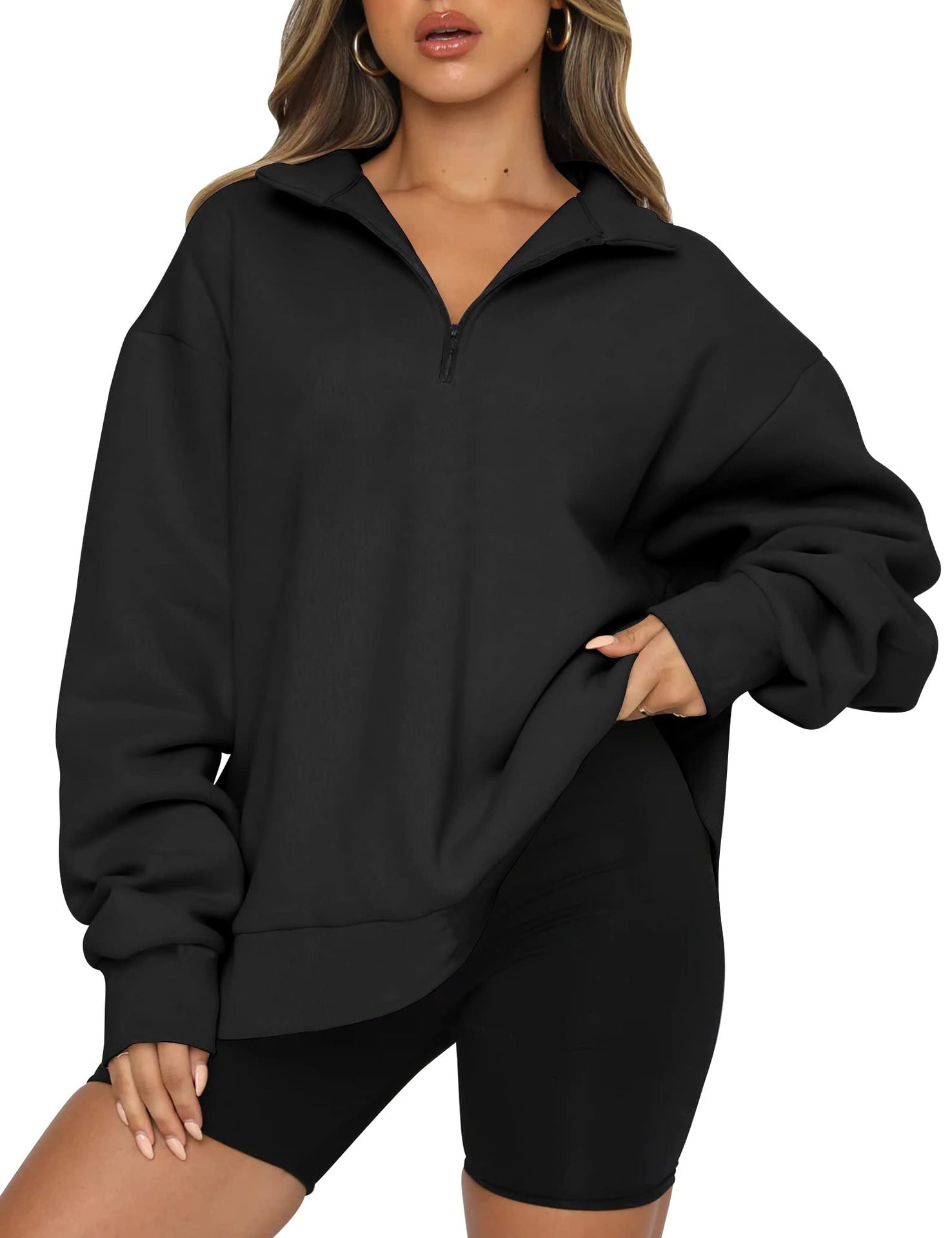 Damen Sportlicher Oversized Pullover mit Reißverschluss und seitlichem Schlitz WW