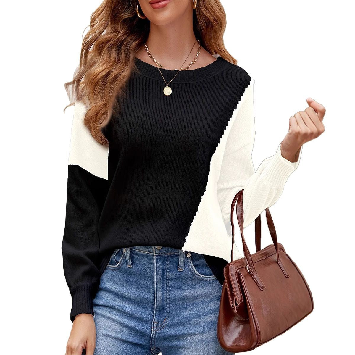 Damen modischer Pullover mit geometrischem Design und Rippstruktur WW