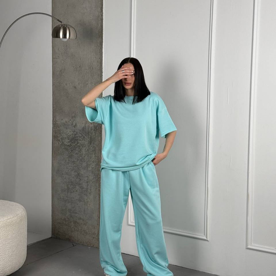 Damen lässiges Baumwoll-Set mit weit geschnittenem Oberteil und bequemen Hosen WW