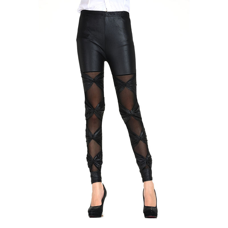 Damen Leggings mit transparenten Einsätzen und dekorativen Knoten WW