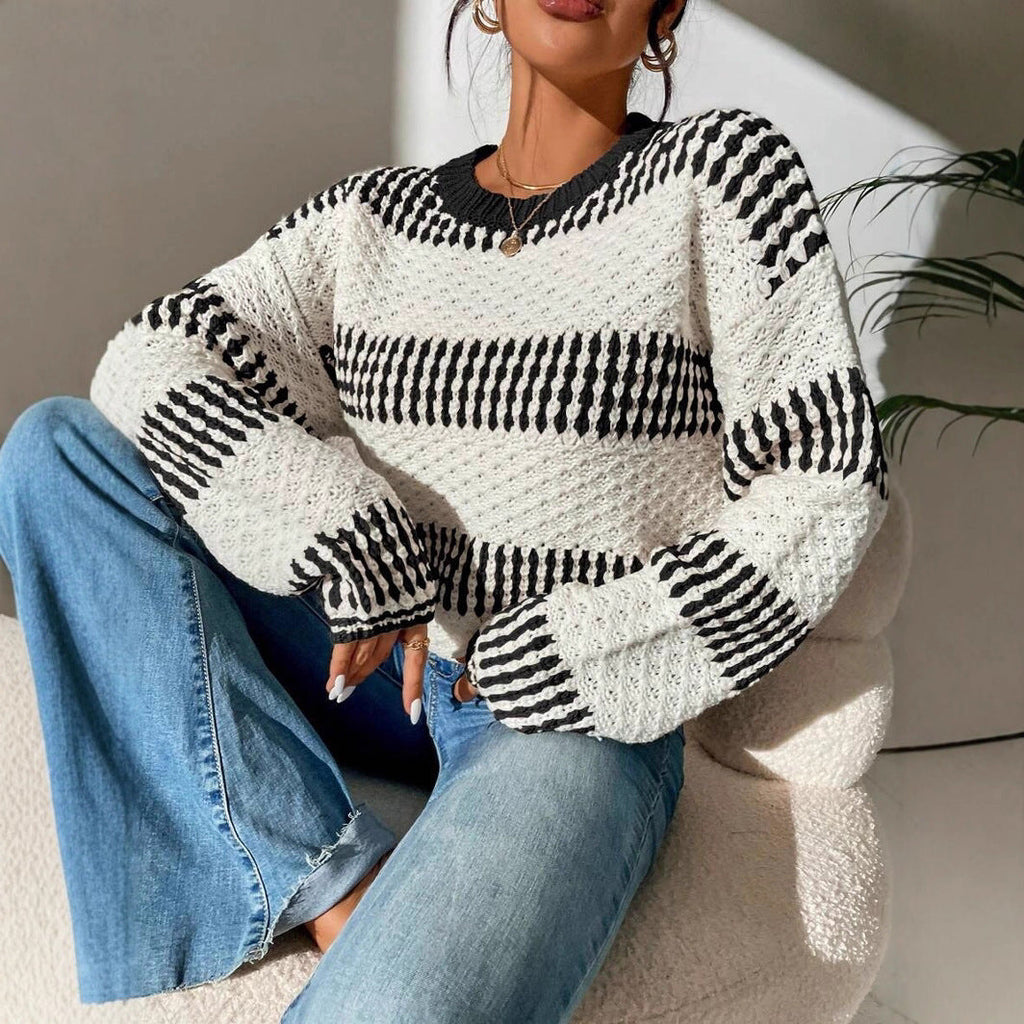 Damen Strickpullover mit strukturierter Oberfläche und modischen Streifen WW