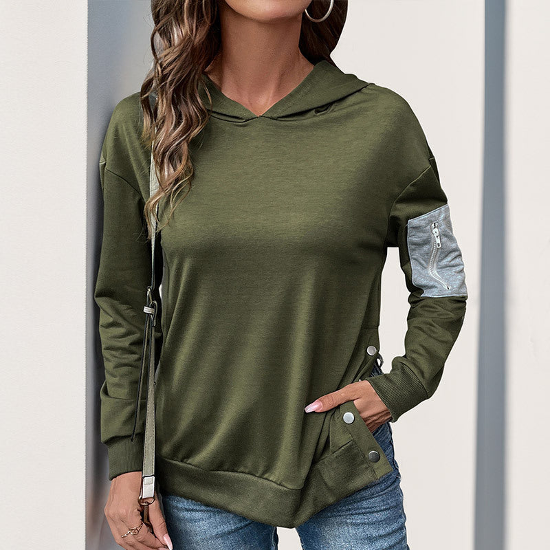 Damen lässiger Kapuzenpullover mit praktischen Reißverschlusstaschen und asymmetrischem Saum WW