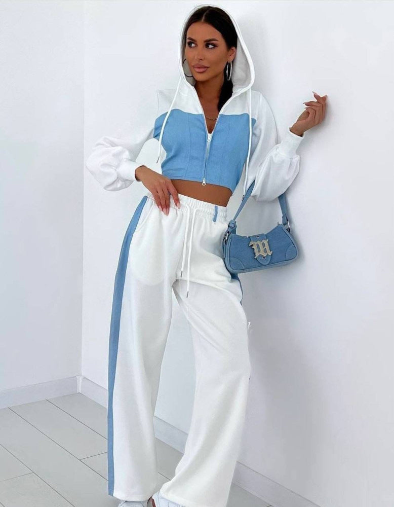 Damen sportliches Set mit cropped Kapuzenjacke und weitem Hosen WW