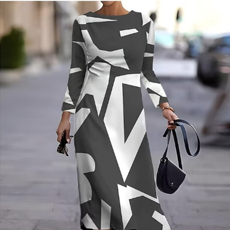 Damen Langarm Maxikleid mit modernem geometrischem Muster und ausgefallenem Design WW
