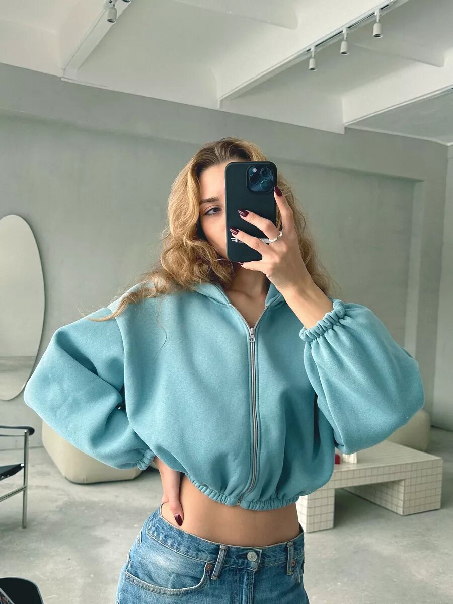 Damen cropped Kapuzenpullover mit oversized Ärmel WW