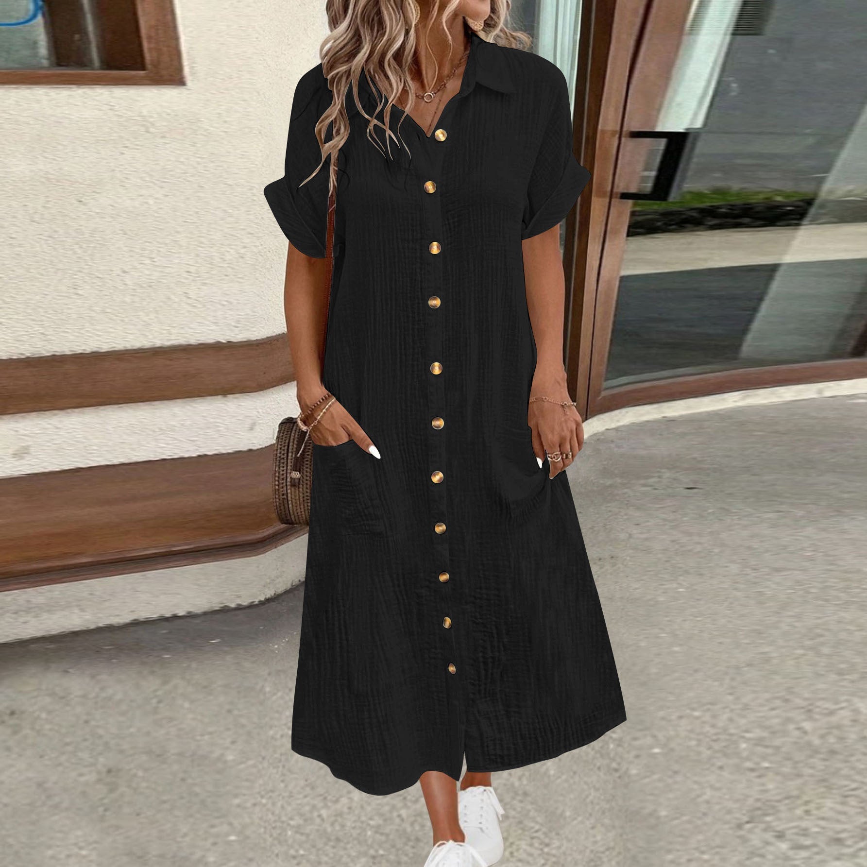 Damen lässiges Kurzarm-Hemdblusenkleid mit Knopfdetail und praktischen Taschen WW
