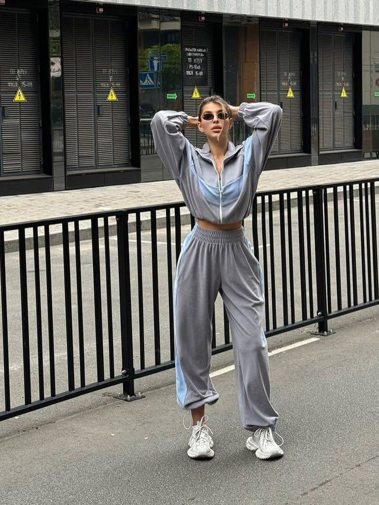Damen sportliches Fleece-Set mit Reißverschluss und kontrastierenden Seiteneinsätzen WW