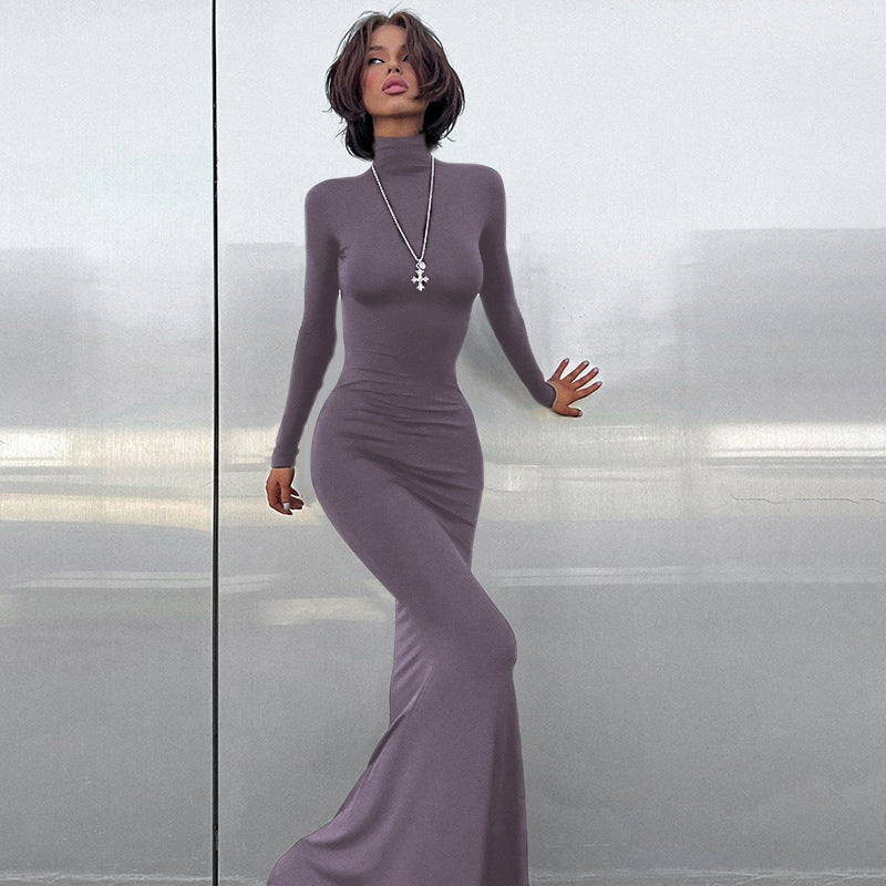 Damen elegantes Maxikleid mit figurbetonter Silhouette und hohem Kragen WW