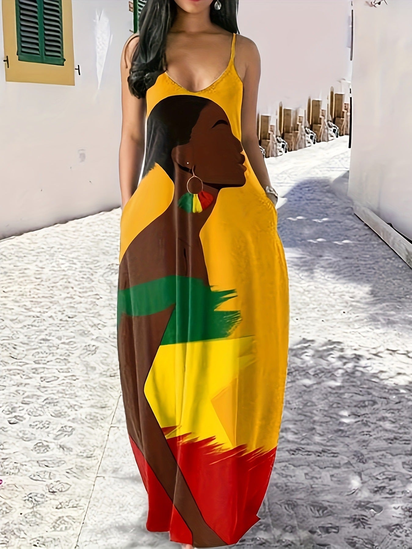 Damen Maxikleid mit künstlerischem African-Design und praktischen Taschen WW