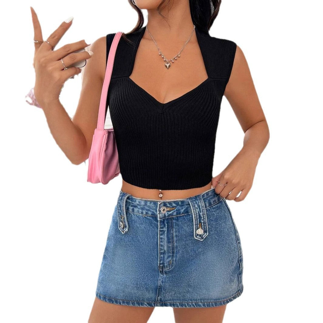 Damen figurbetontes Ripp-Crop-Top mit V-Ausschnitt und breiten Trägern WW