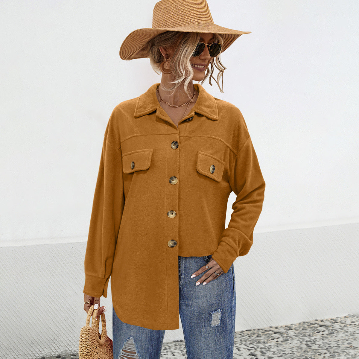 Damen Oversized Hemdjacke mit Knopfdetails und praktischen Brusttaschen WW