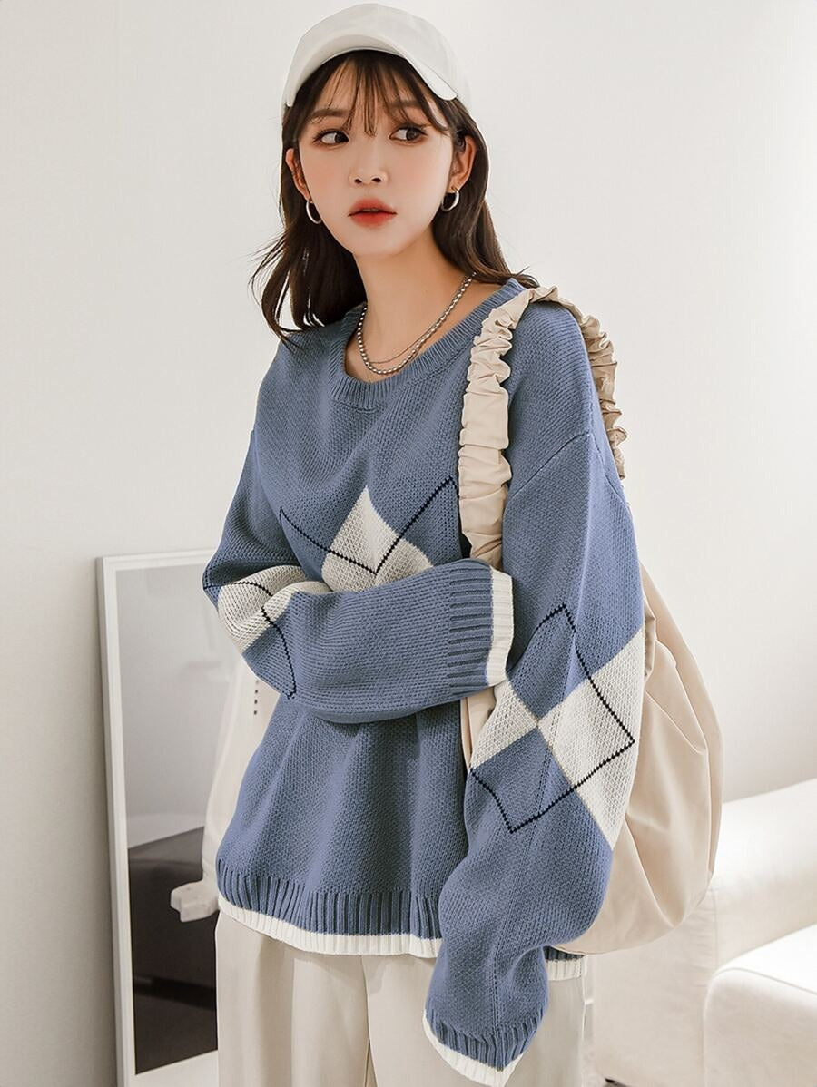 Damen stilvoller Pullover mit modernem Rautenmuster und verspielten Rüschendetails WW